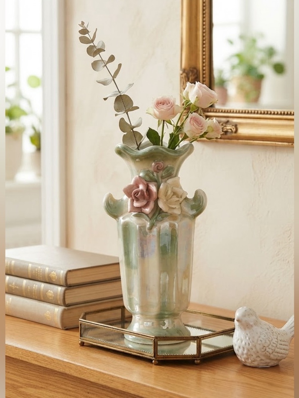Vintage Spectacular Wild Rose  Turquoise and Pink Vase